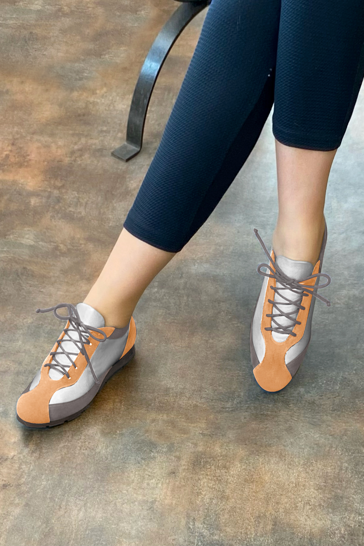 Marigold orange, light silver and pebble grey women's three-tone elegant sneakers. Round toe. Flat rubber soles. Worn view - Florence KOOIJMAN